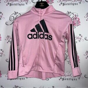 Adidas tracksuit top sweater zip up pink striped classic on arms bubblegum pink
